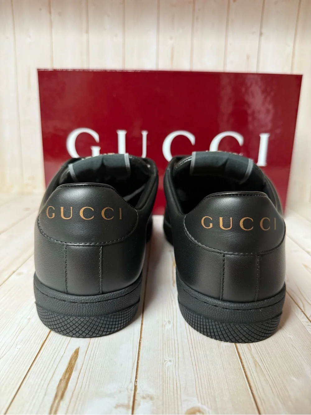Gucci Men’s Black Leather Sneakers with Red & Navy Stripe